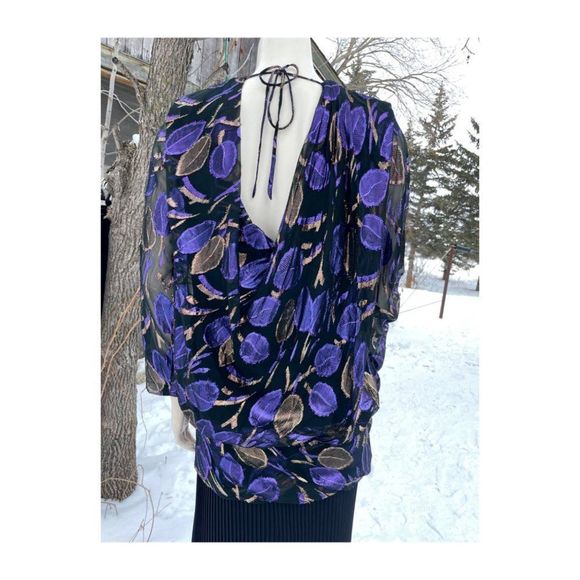 Vintage 80s Blouse Metallic Leaf Print Sheer Open Back Gathered Waist - Picture 9 of 12